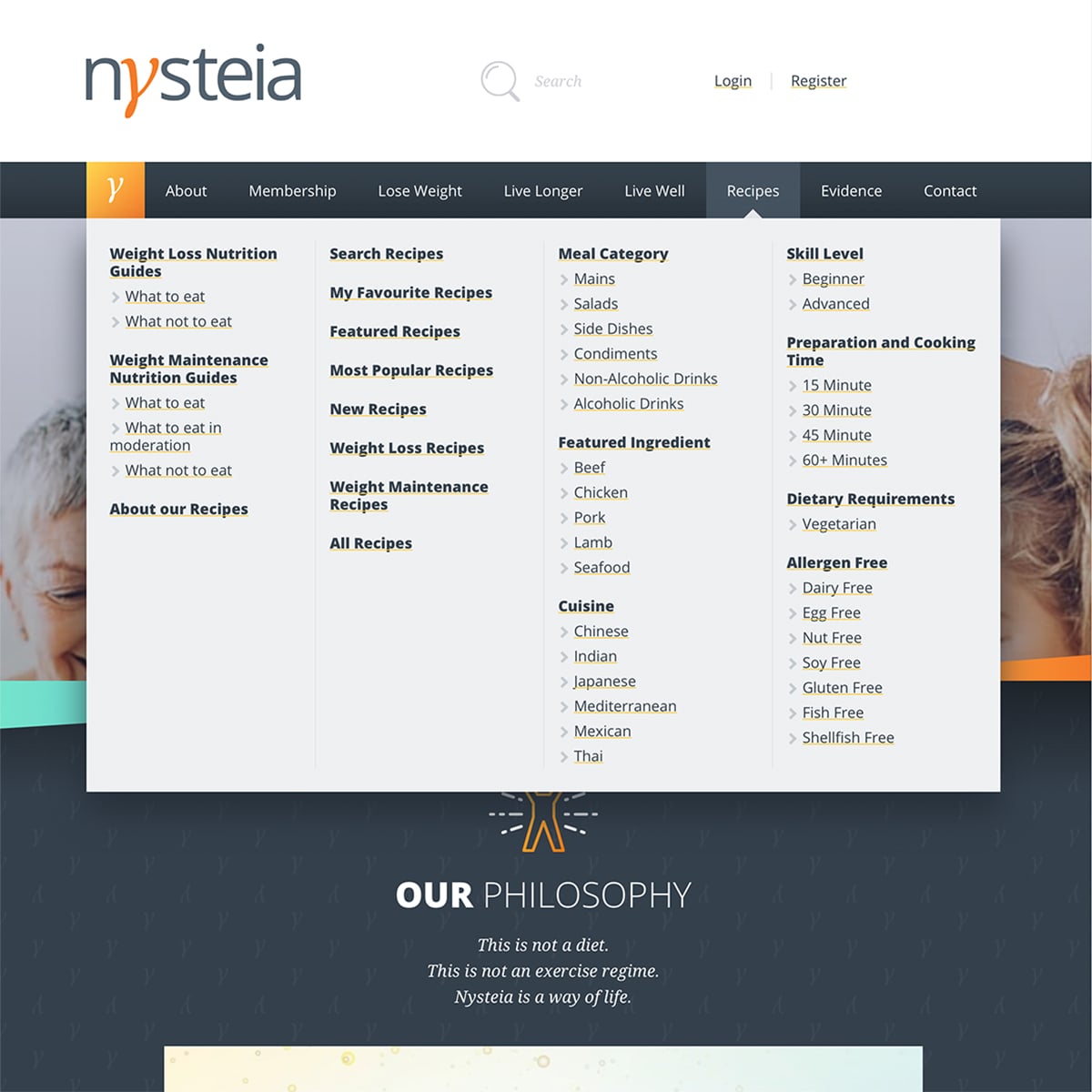 Nysteia Homepage - showing "mega-menu" style that links to dynamic pages based on categorisation of content items.